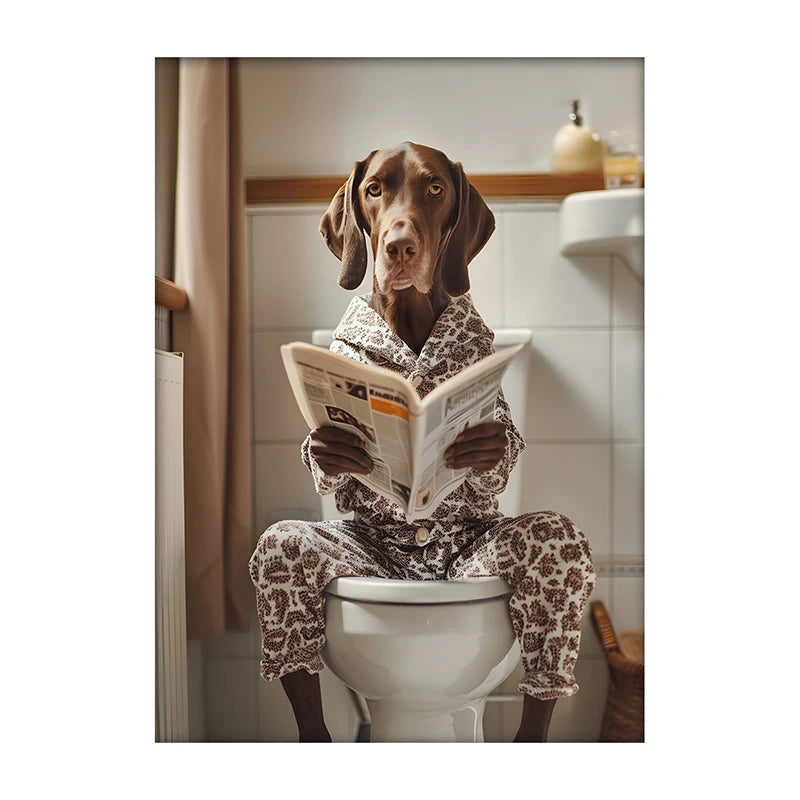 Funny Dog Bathroom Poster – Dog Reading Newspaper on Toilet Wall Art