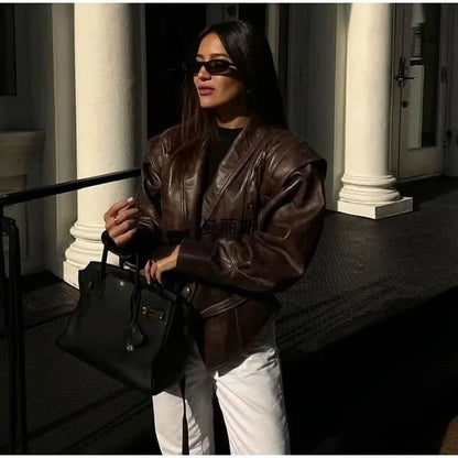 Oversized Faux Leather Jacket Women – Belted Drop Shoulder Coat