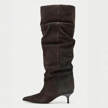 Pleated Suede Knee-High Boots Women Pointed Toe Kitten Heel