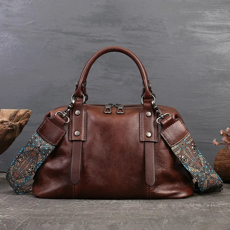 Genuine Leather Boston Bag – Women's Designer Shoulder Handbag with Wide Strap