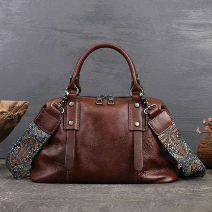 Genuine Leather Boston Bag – Women's Designer Shoulder Handbag with Wide Strap