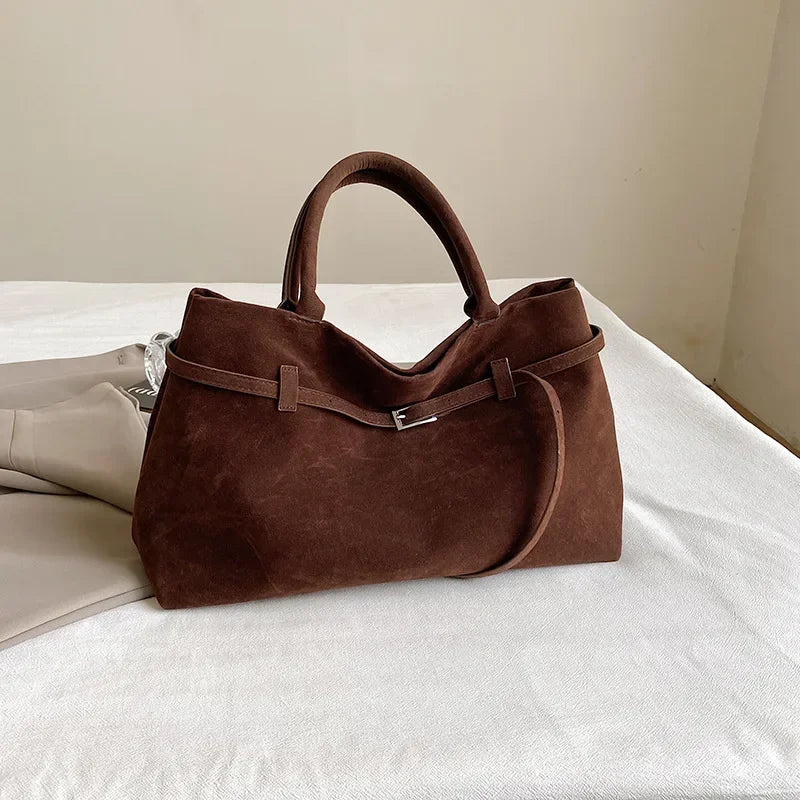 Buckle Decorative Design Solid Faux Suede Handbag