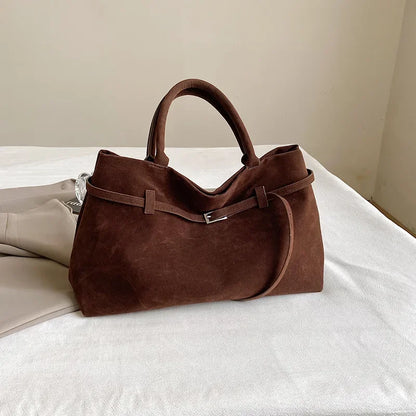 Buckle Decorative Design Solid Faux Suede Handbag
