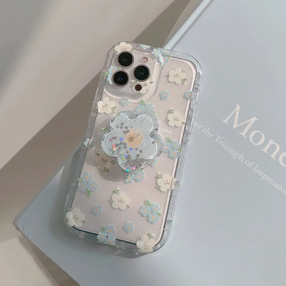 Flower Quicksand Grip Phone Case with Pop Holder – Clear Floral TPU Cover
