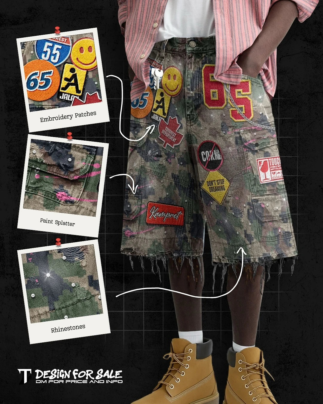 Y2K Camo Embroidery Denim Shorts – Unisex Streetwear