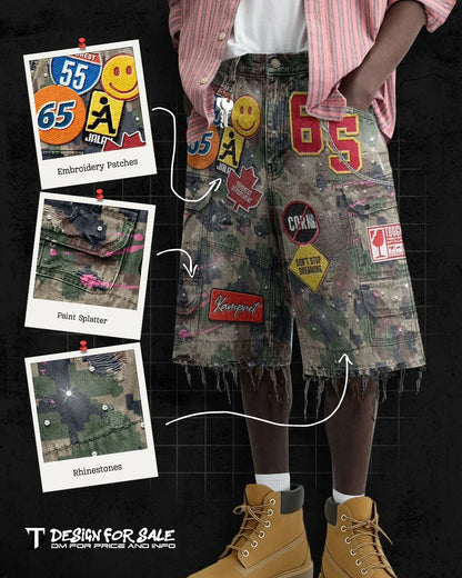 Y2K Camo Embroidery Denim Shorts – Unisex Streetwear