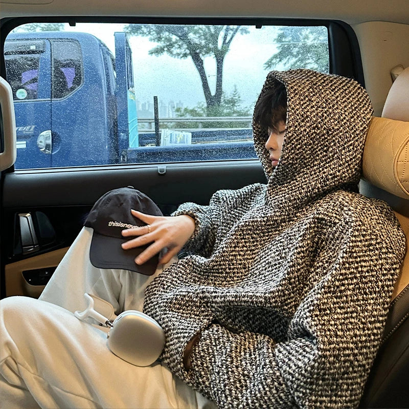 Textured Hooded Sweatshirt Men Vintage Harajuku Oversized Hoodie