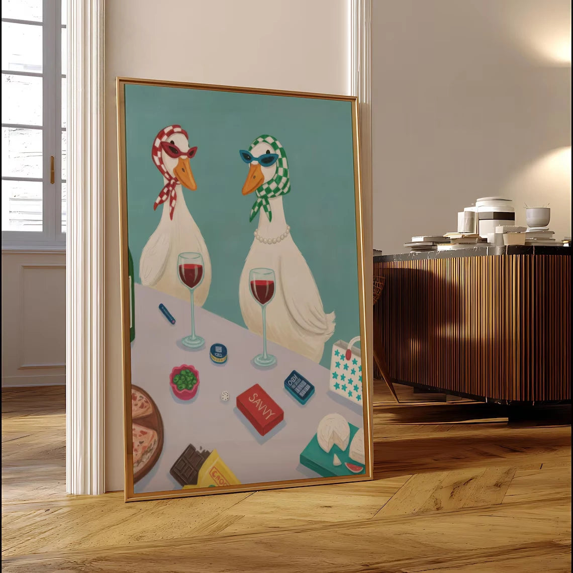 Funny Duck Wine Wall Art – Quirky Retro Poster for Kitchen & Bar