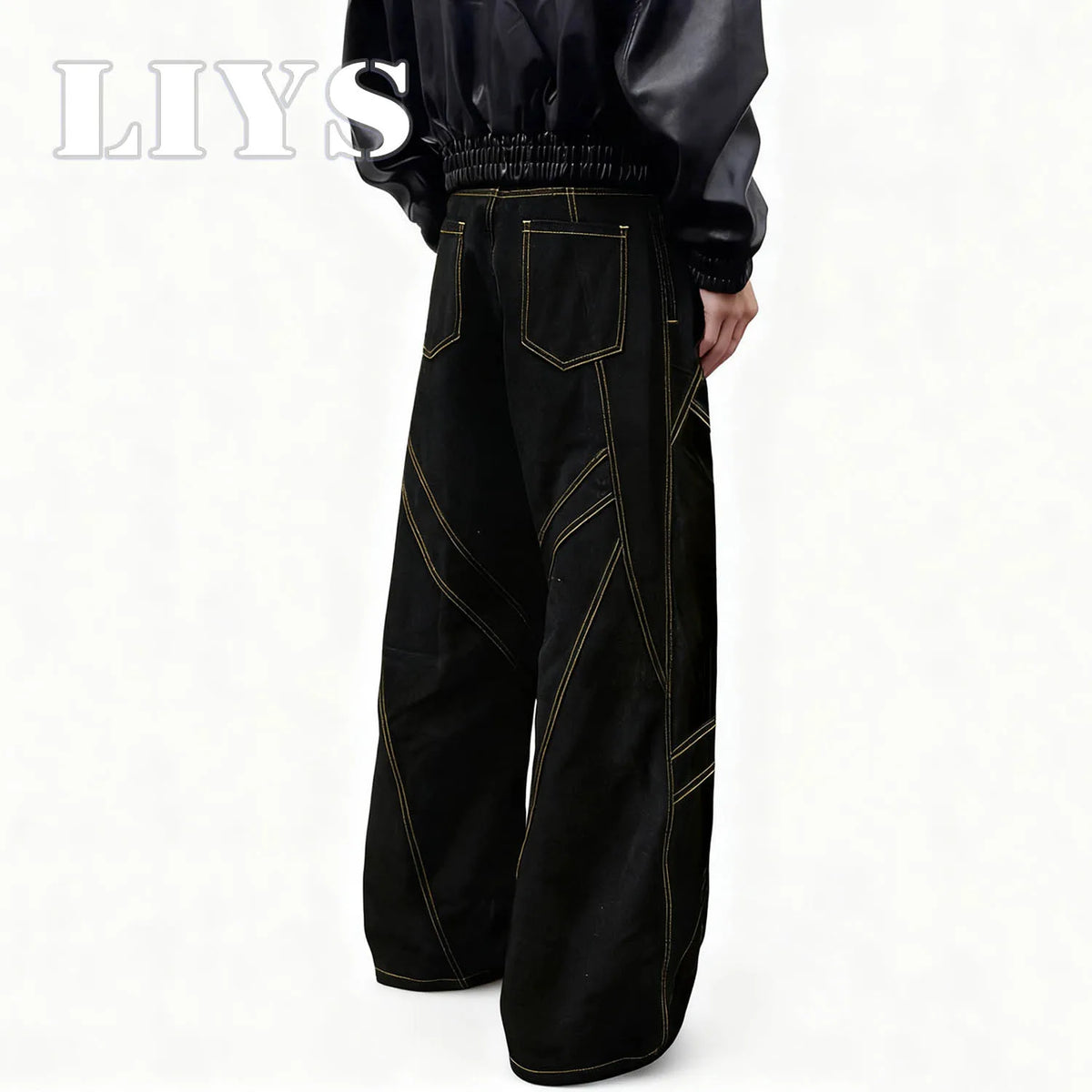 Gold Geometric Stitch Baggy Wide Leg Black Jeans – Unisex Streetwear Denim