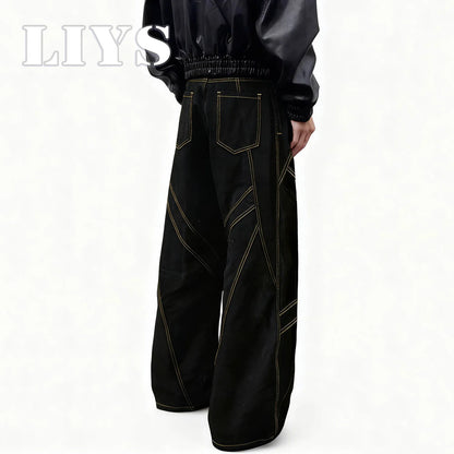 Gold Geometric Stitch Baggy Wide Leg Black Jeans – Unisex Streetwear Denim