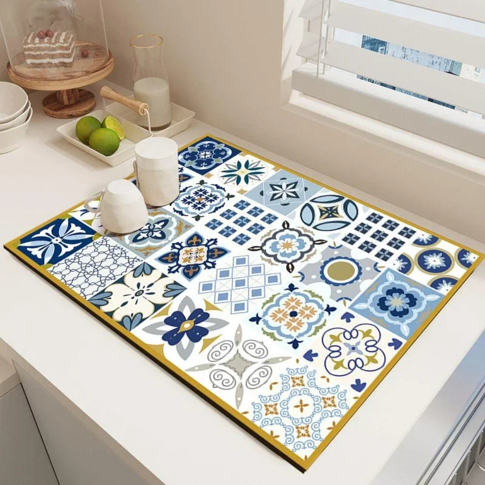 Dish Drying Mat – Boho Vintage Tile Absorbent Non-Slip Kitchen Mat