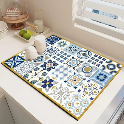 Dish Drying Mat – Boho Vintage Tile Absorbent Non-Slip Kitchen Mat