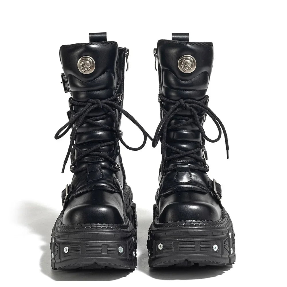 Punk Style Women Shoes Lace-Up Platform Woman Rock Boots Metal Decor Thick Bottom Street Shot Knight