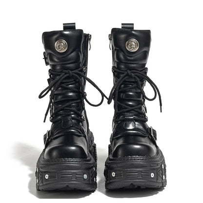 Punk Style Women Shoes Lace-Up Platform Woman Rock Boots Metal Decor Thick Bottom Street Shot Knight
