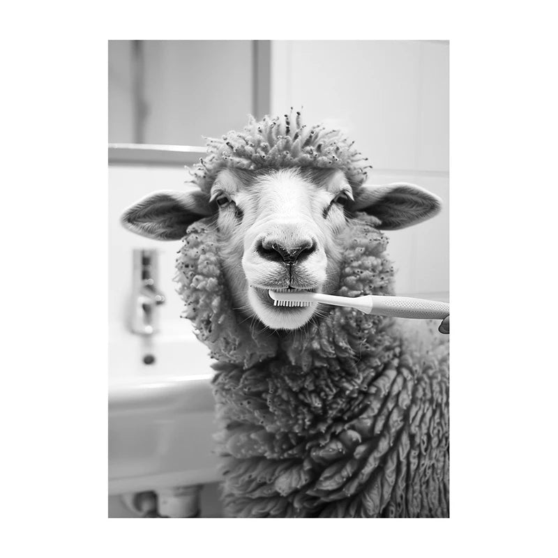 Funny Animal Bathroom Wall Art Poster – Black & White Vintage Print
