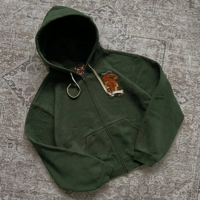 Tiger Embroidered Double Zip Hoodie – Unisex Y2K Streetwear