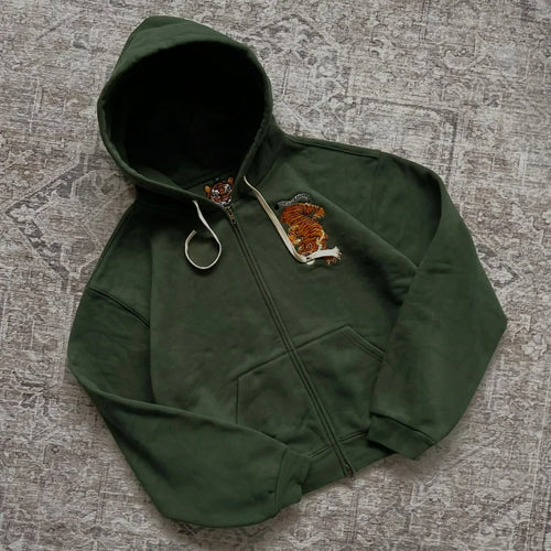 Tiger Embroidered Double Zip Hoodie – Unisex Y2K Streetwear