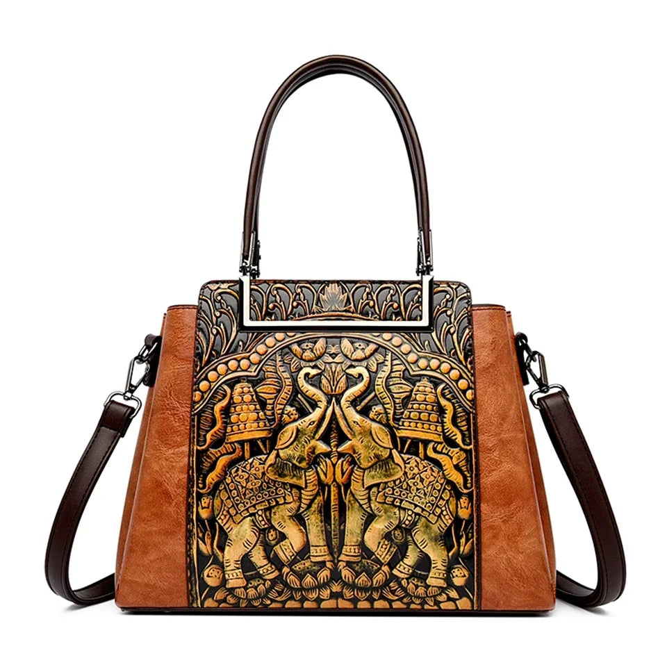 Vintage Embossed Handmade Handbag Women Versatile Pu Leather Shoulder Bag 3 Layers Large Capacity