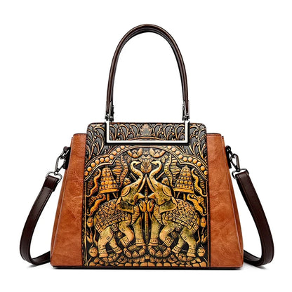 Vintage Embossed Handmade Handbag Women Versatile Pu Leather Shoulder Bag 3 Layers Large Capacity