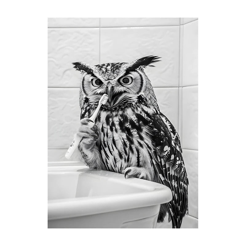 Funny Animal Bathroom Wall Art Poster – Black & White Vintage Print