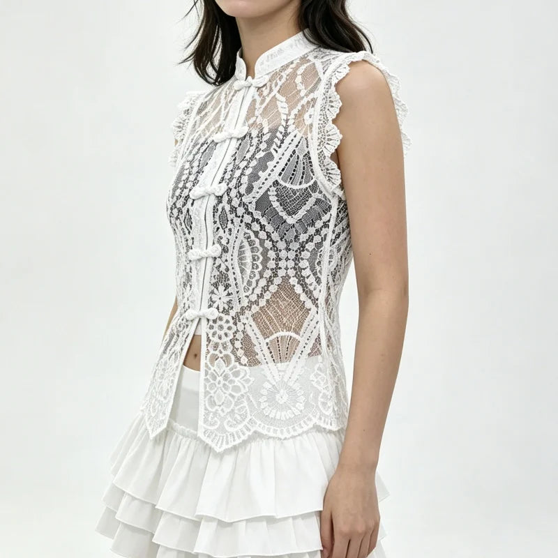 Floral Lace Tank Top Women – Mandarin Collar Frog Button Sleeveless