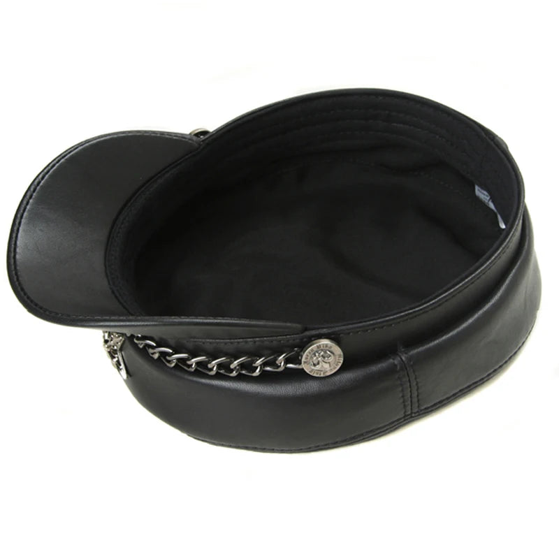 Real Leather Military Hat – Unisex Retro Motorcycle Cap with Chain