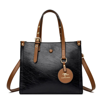 Vintage Leather Tote Bag for Women – 3-Layer Luxury Handbag