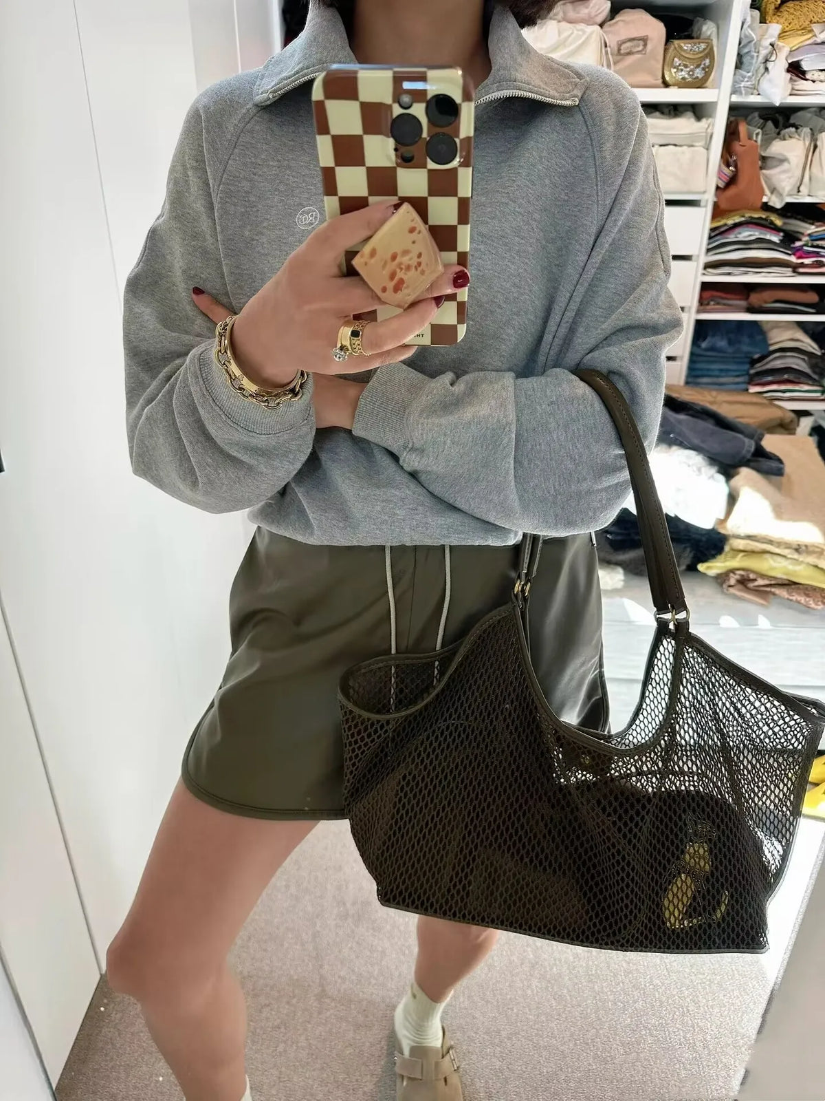 Large Mesh Tote Bag with Leather Trim – Women's Roomy Shoulder Bag