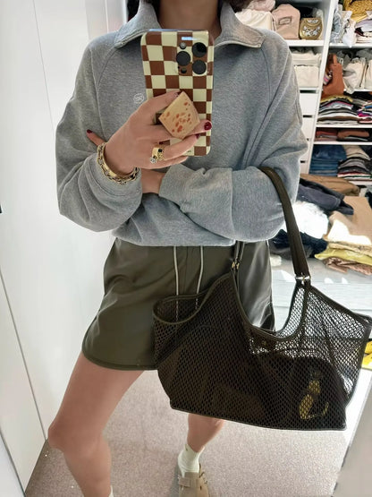 Large Mesh Tote Bag with Leather Trim – Women's Roomy Shoulder Bag