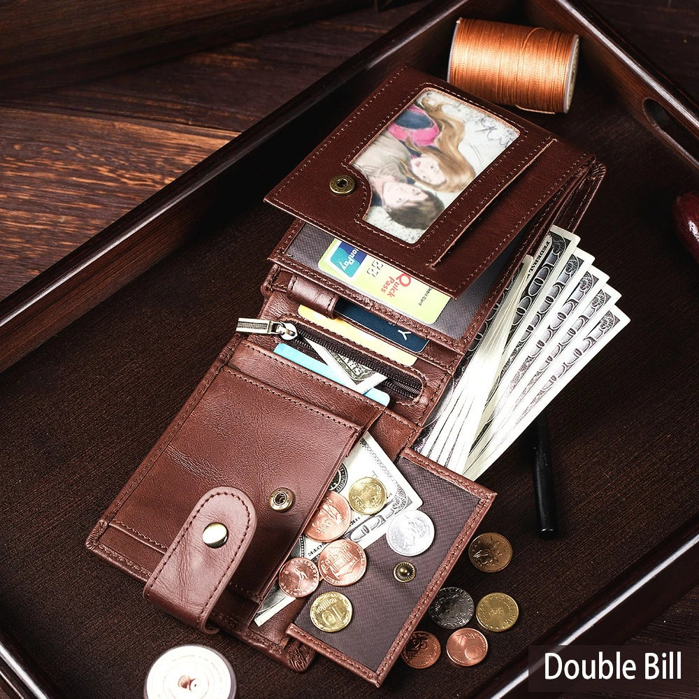 Men's Genuine Cowhide Leather Bifold Wallet with Snap Closure