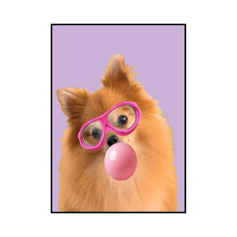 Funny Dog Bubble Gum Poster – Pomeranian with Pink Glasses Wall Art Print