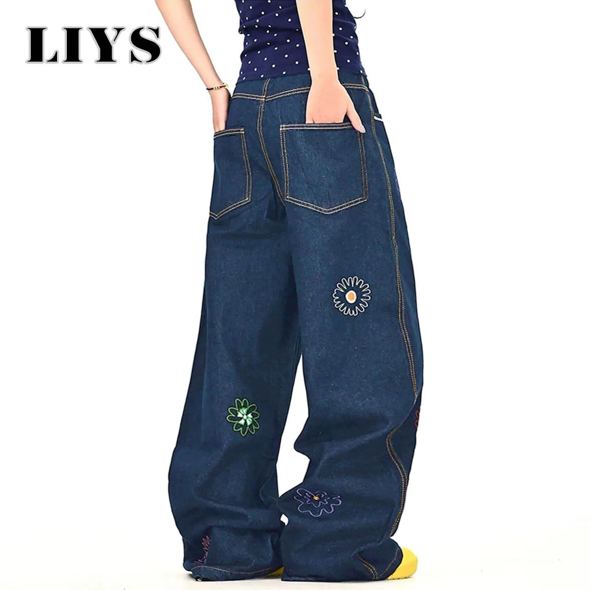 Y2K Flower Embroidered Baggy Wide Leg Jeans – Unisex Denim