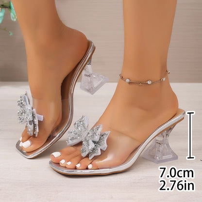 Women's Crystal Bow Clear Block Heel Mule Sandals – Transparent PVC