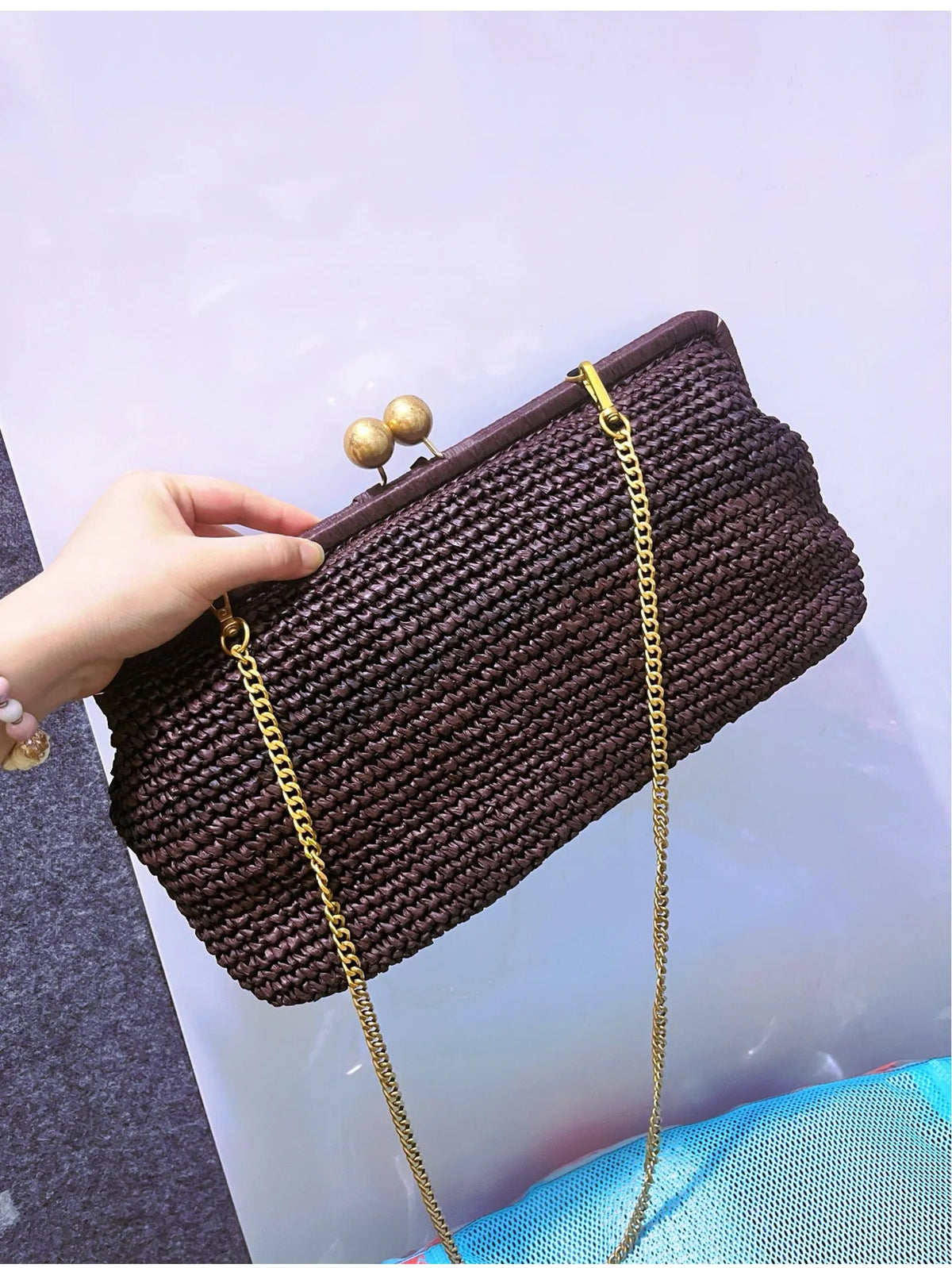 Woven Straw Clutch Bag – Gold Chain Shoulder Bag for Women