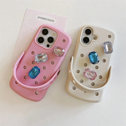 Crystal Charm Croc-Style iPhone Case – iPhone 16 / 15 / 14 / 13 / 12 / 11