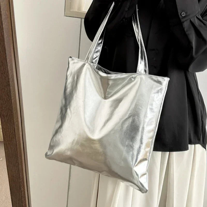 Glossy Tote Bags for Women Fashion High Capacity Shopping Pouch PU Leather Handags