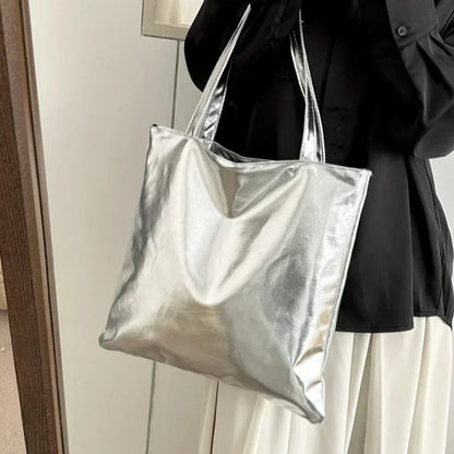 Glossy Tote Bags for Women Fashion High Capacity Shopping Pouch PU Leather Handags