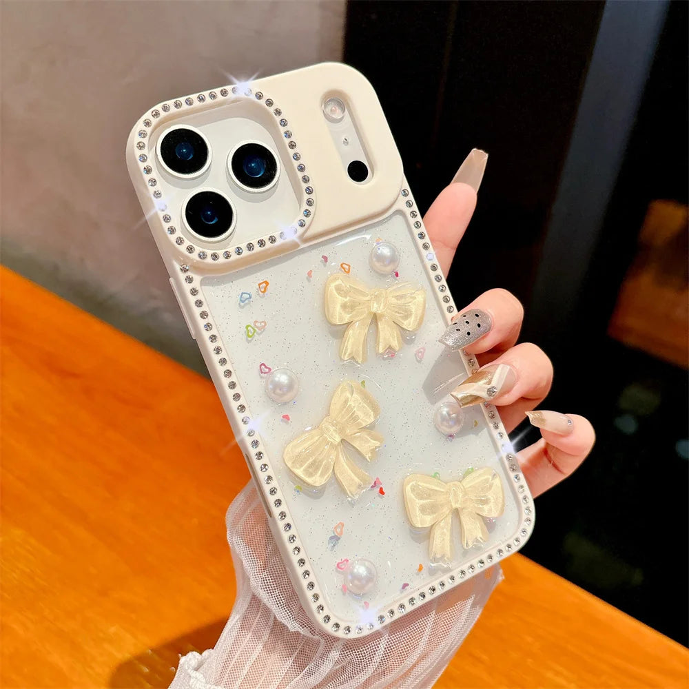 3D Bow Diamond Glitter iPhone Case with Sliding Camera Cover
