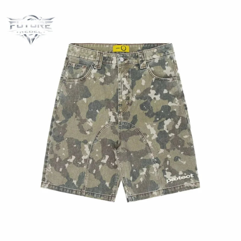 Mens Denim Shorts Vintage Camo Embroidery Protect Streetwear Harajuku Unisex Loose Fit Washed Five
