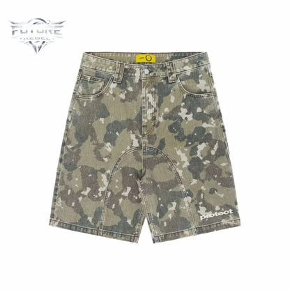 Mens Denim Shorts Vintage Camo Embroidery Protect Streetwear Harajuku Unisex Loose Fit Washed Five