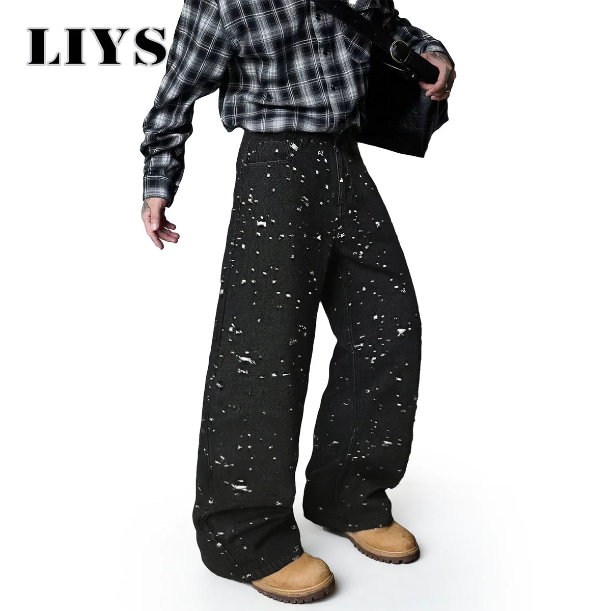 Distressed Crochet Jacquard Wide Leg Jeans – Retro Black Denim