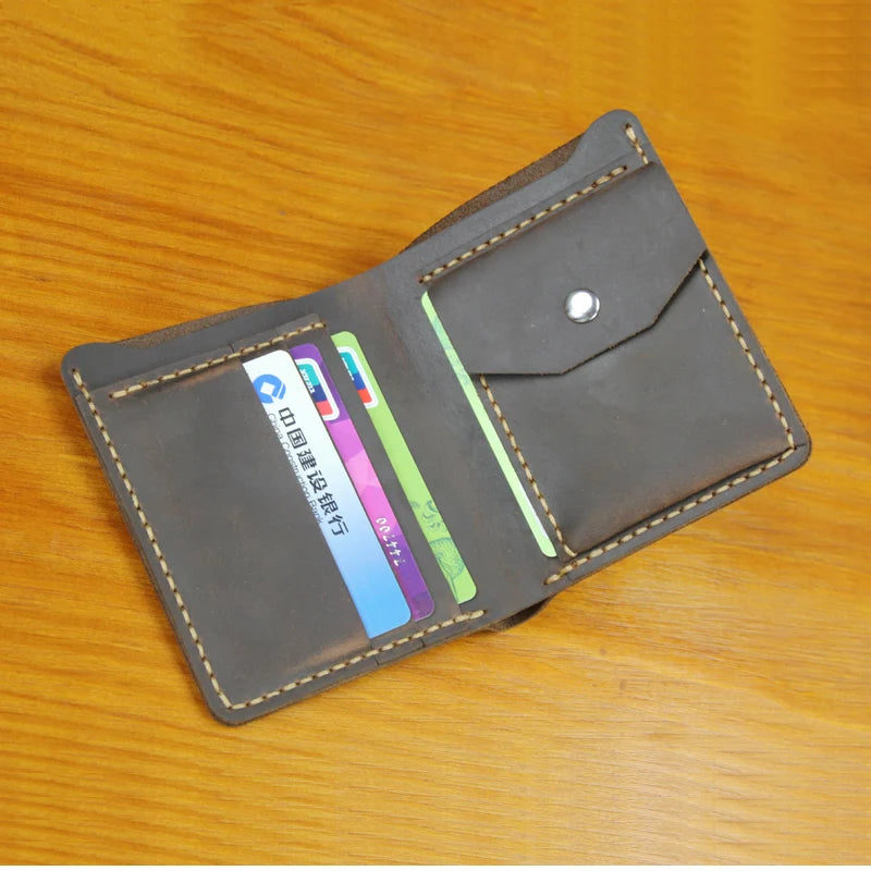 Handmade Crazy Horse Leather Bifold Wallet with Coin Pocket