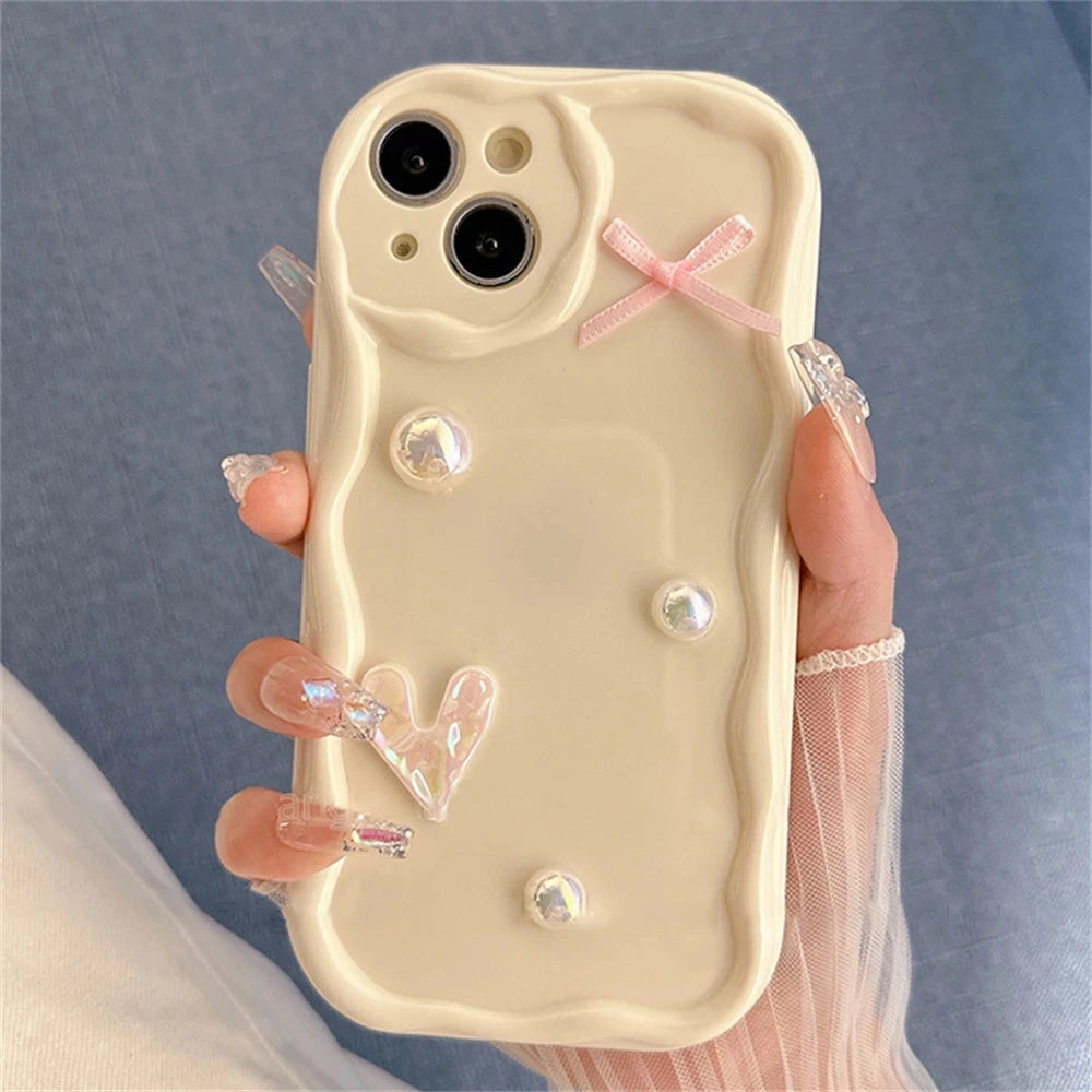 Cute Pearl Heart Bow Wave iPhone Case – Korean Aesthetic