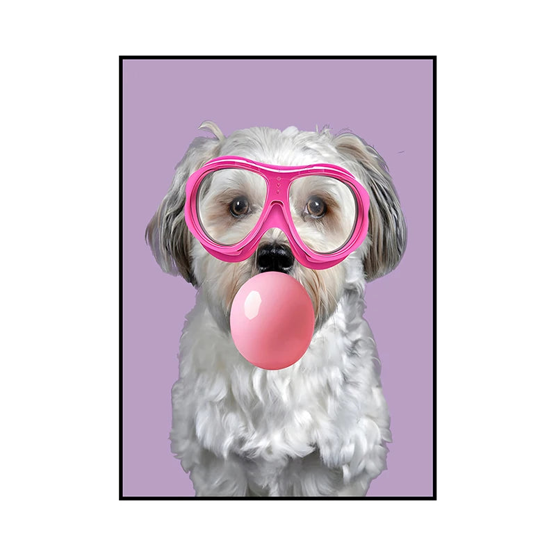 Funny Dog Bubble Gum Poster – Pomeranian with Pink Glasses Wall Art Print