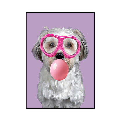 Funny Dog Bubble Gum Poster – Pomeranian with Pink Glasses Wall Art Print