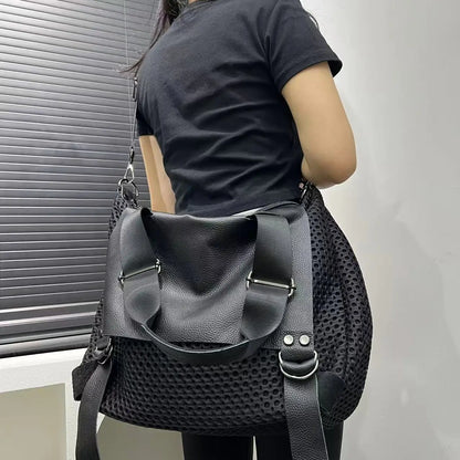 Retro Mesh Spliced Large Capacity Tote Bag