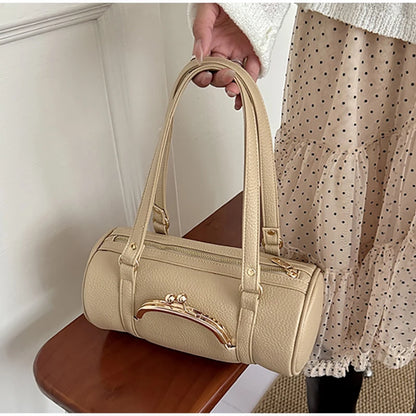 Vintage Cylinder Shoulder Bag With Kiss-lock Closure Soft Leather