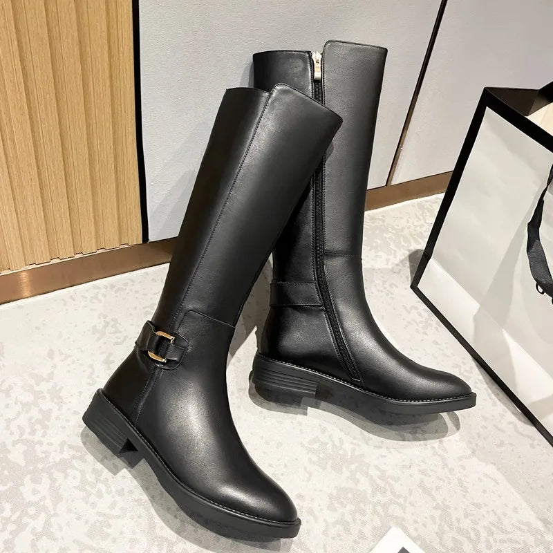 Women's Knee-High Riding Boots Black PU Leather