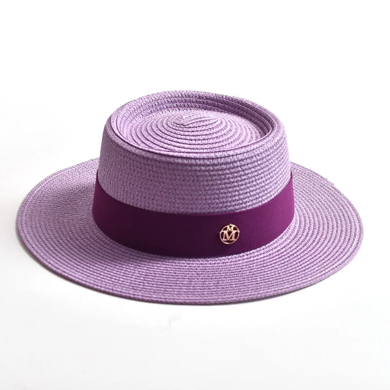 Women's Straw Sun Hat Flat Brim Ribbon Beach Hat