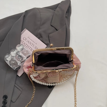 Sequin Floral Embroidered Handbag with Pearl Handle & Chain